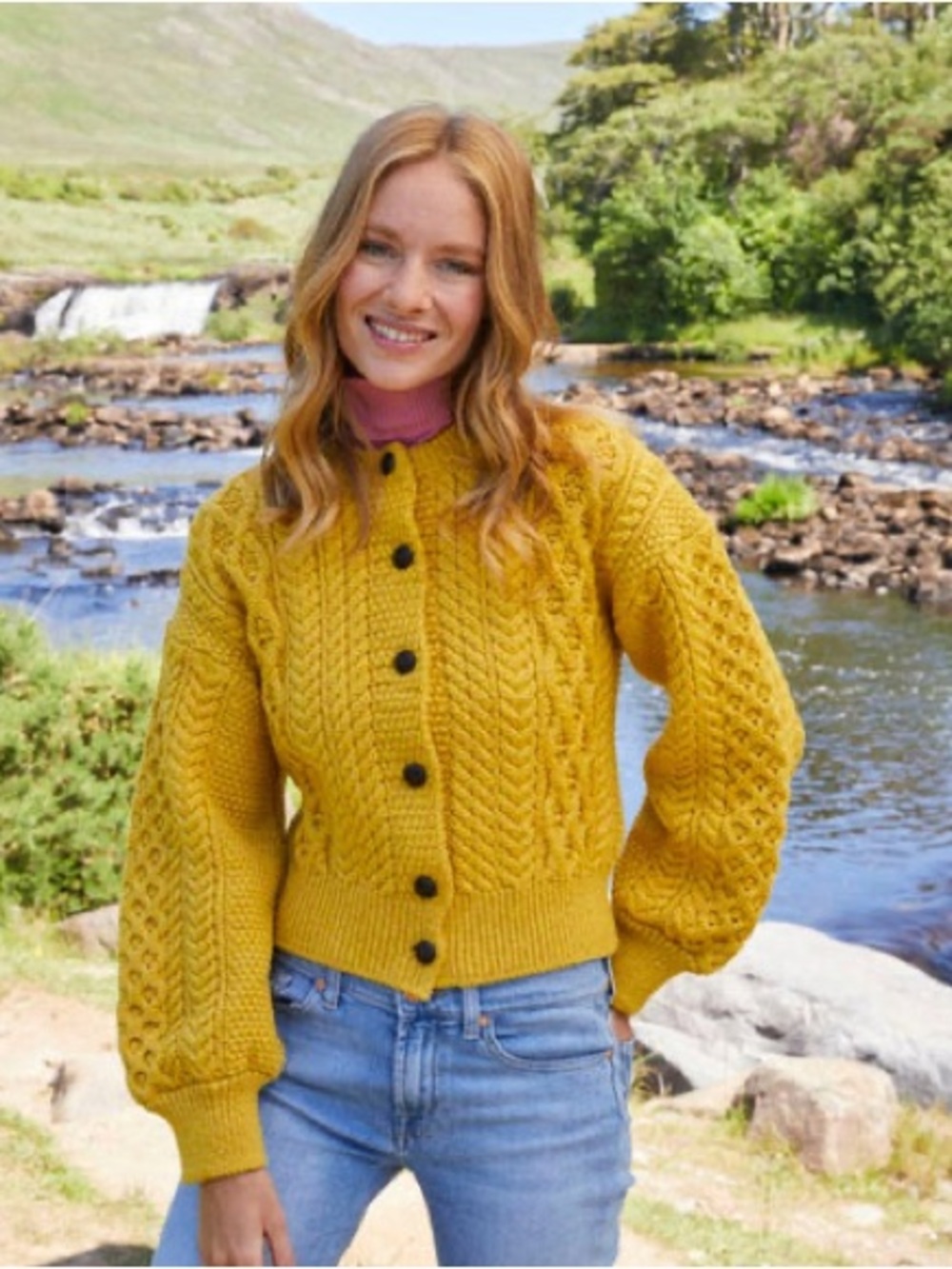 The Clover Merino Cropped Aran Cardigan in Sunflower